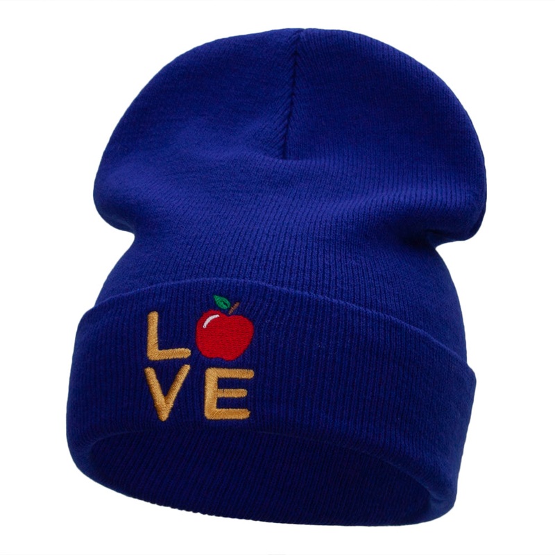 Love Apple Phrase Embroidered Long Knitted Beanie Royal One Size