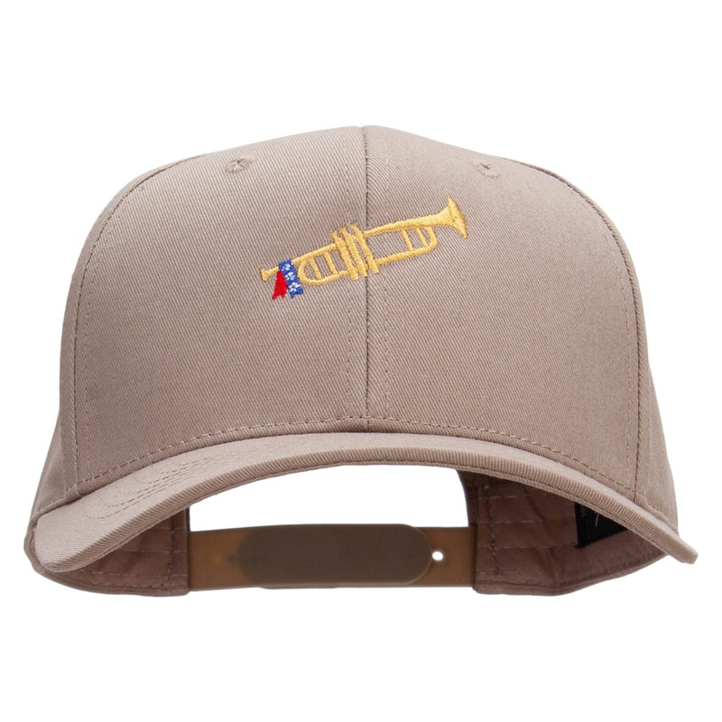 Trumpet with Flag Ribbon Embroidered Unconstructed High Profile Cotton Flat Bill Cap Khaki One Size