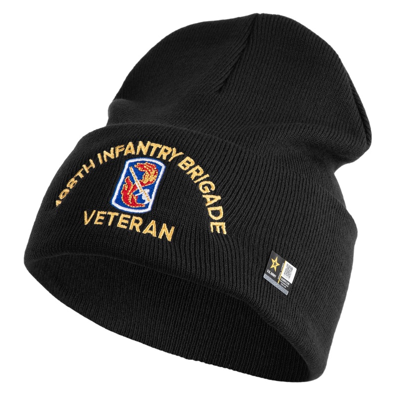 U.S. Army 198th Infantry Brigade Logo Embroidered 12 Inch Solid Knit Cuff Long Beanie Made in USA Black One Size