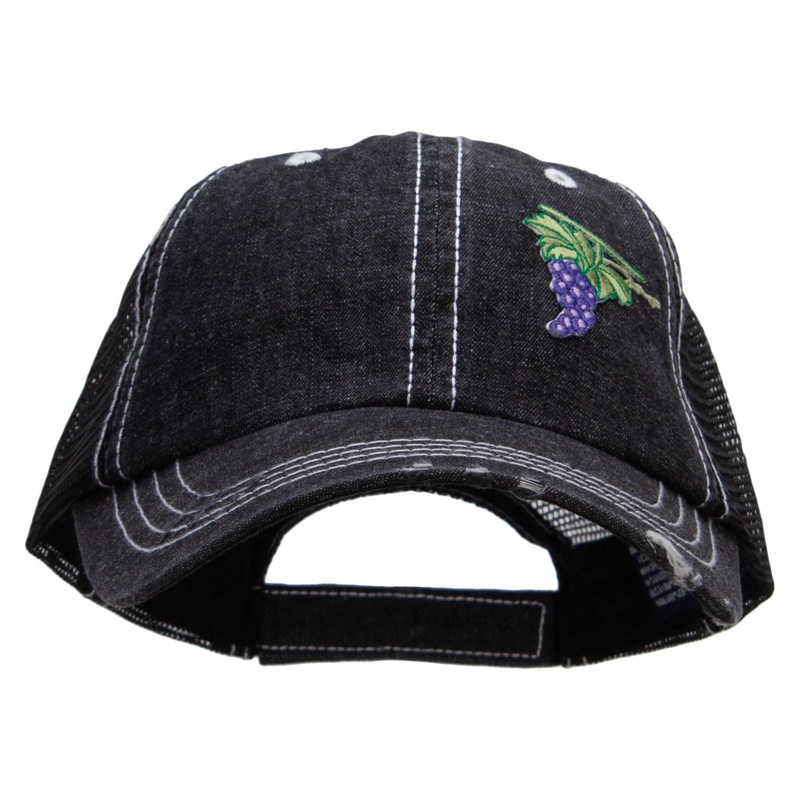 Cluster of Grapes Fruit Patched 6 Panel Denim Frayed Mesh Cap Denim Black One Size
