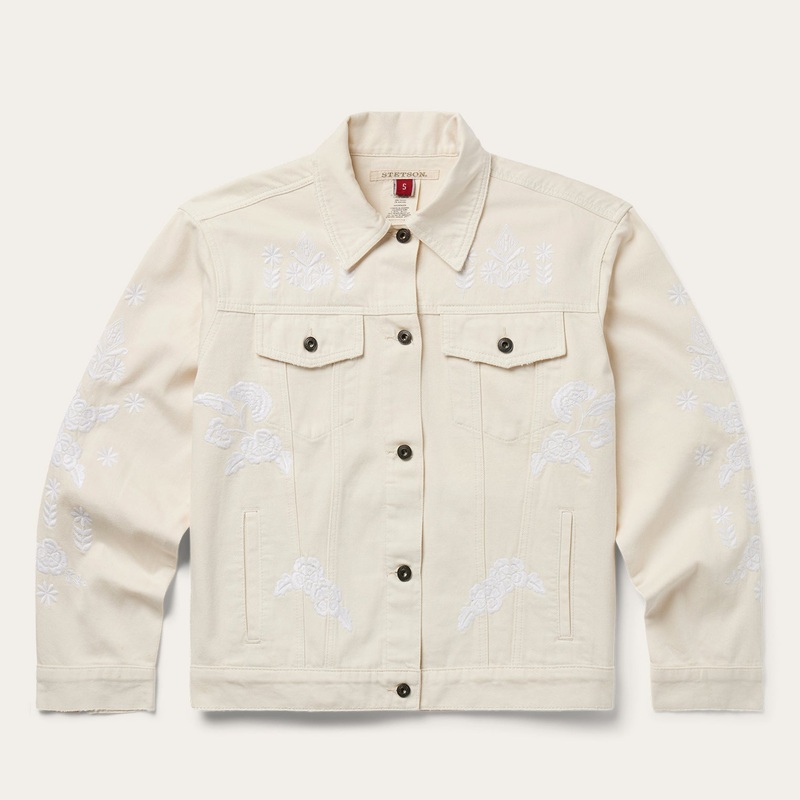 Embroidered Cream Denim Jacket White XS