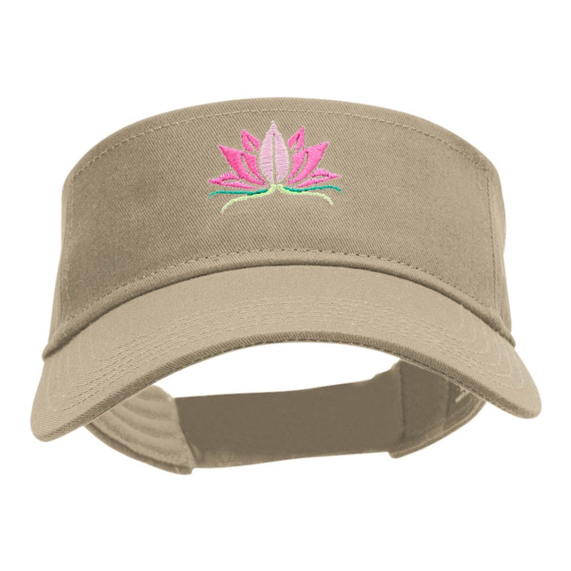 Lotus Flower Motif Embroidered Cotton Twill Visor Khaki One Size
