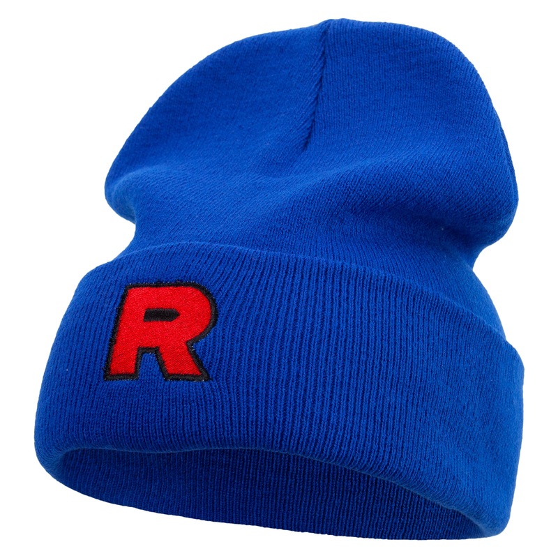 Made in USA R Logo Embroidered 12 Inch Solid Knit Cuff Long Beanie Royal Blue One Size