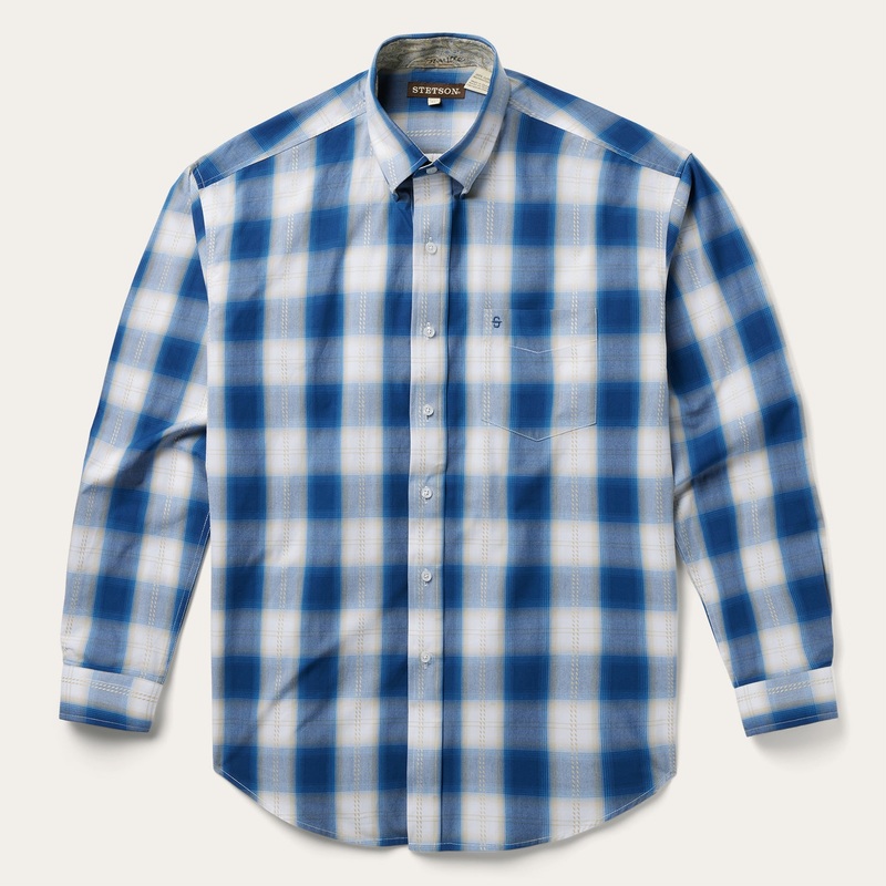 Navy Gold Ombre Plaid Short Sleeve Western Shirt Blue S