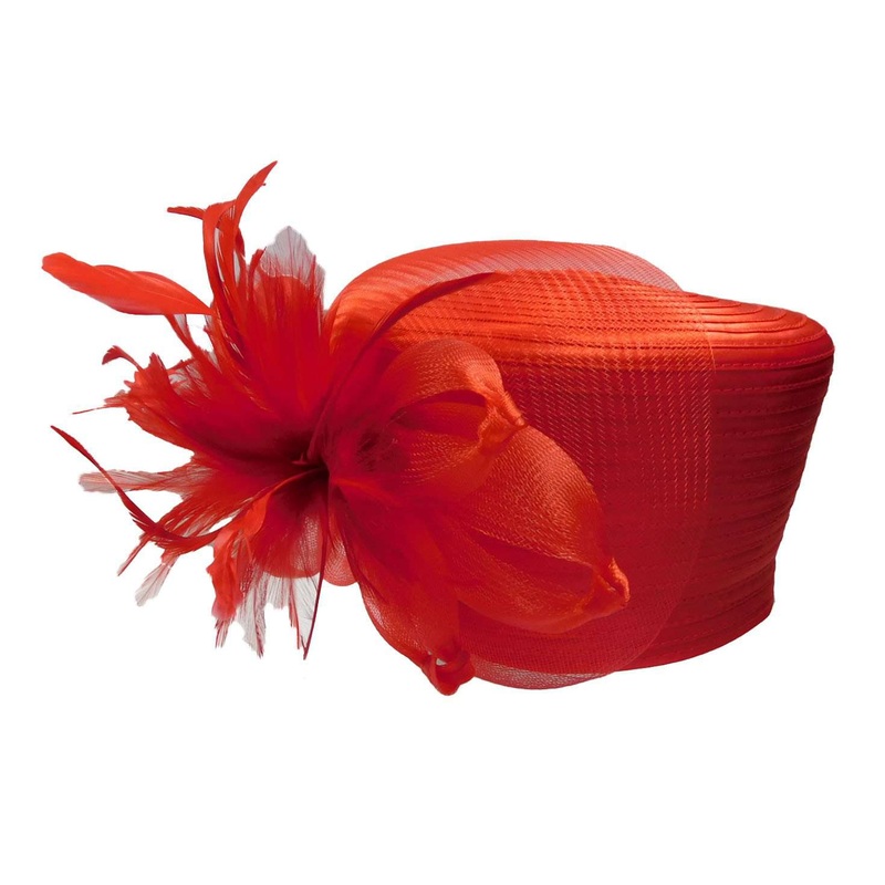 Satin Braid Pillbox Hat with Mesh Bow Red