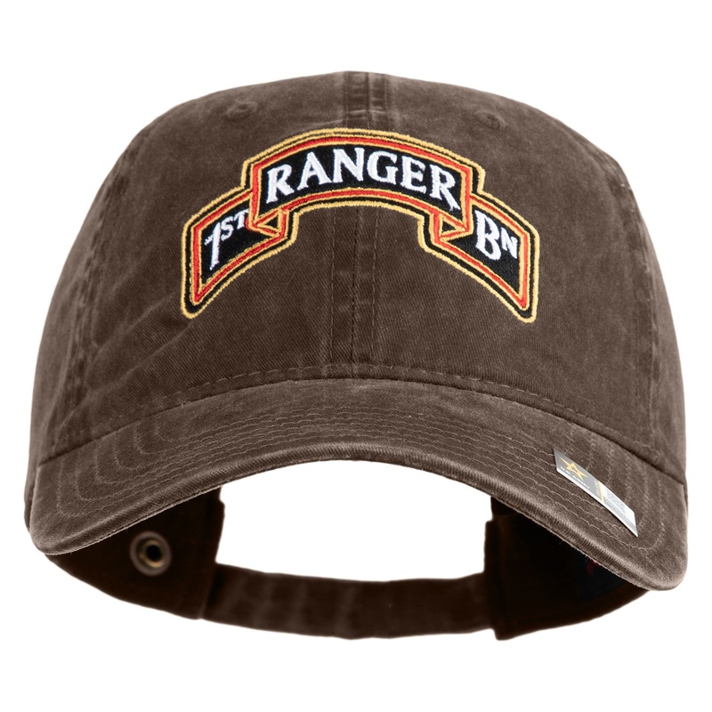 U.S. Army 1st Ranger Battalion Embroidered Washed Solid Pigment Dyed Cotton Twill Brass Buckle Cap Brown One Size