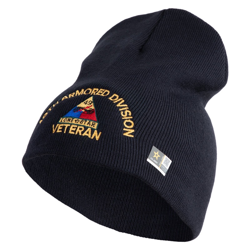 U.S. Army 49th Armored Division Symbol Embroidered 8 Inch Solid Knit Short Beanie Made in USA Navy One Size