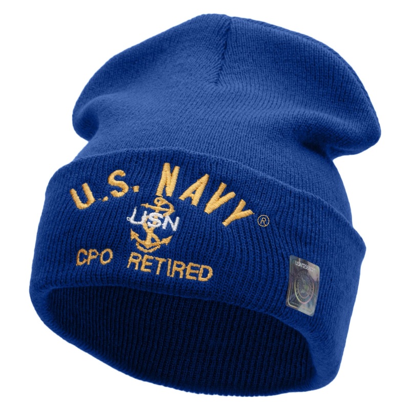 US Navy CPO Retired Military Embroidered Long Beanie Made in USA Royal One Size