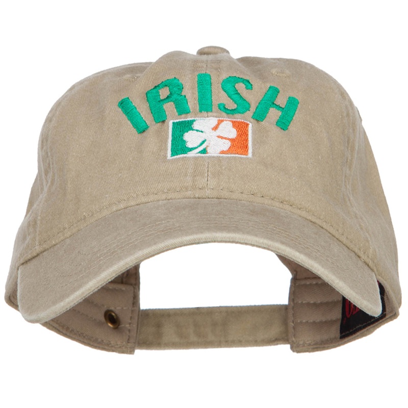 Wording of Irish and Ireland Shamrock Flag Embroidered Washed Cotton Cap Khaki One Size