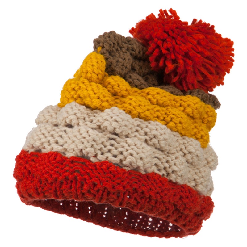 Acrylic Striped Pom Pom Beanie Orange One Size