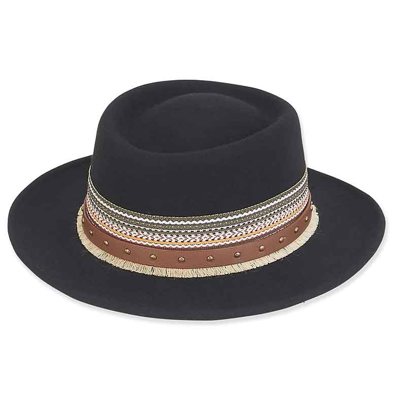 Adora Wool Hat – Wool Felt Gambler Hat with Antique Studded Band Black