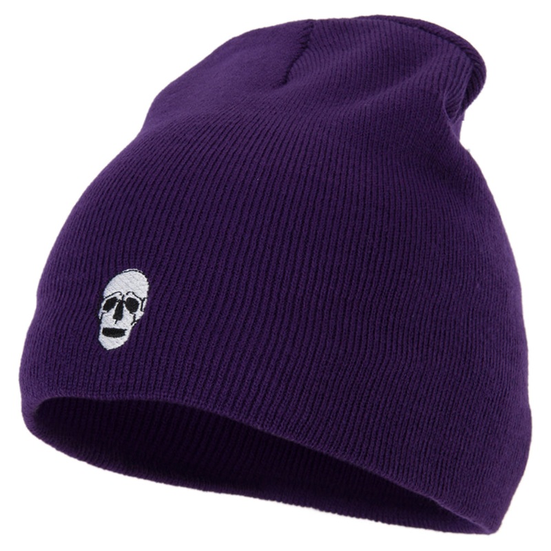 Halloween Skeleton Skull Embroidered 8 Inch Knitted Short Beanie Purple One Size