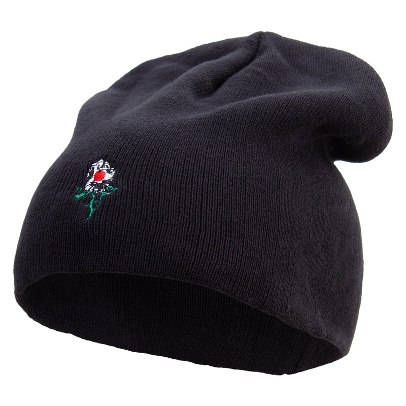 Japan Flag Rose Embroidered Big Size Superior Cotton Short Knit Beanie Black XL-3XL