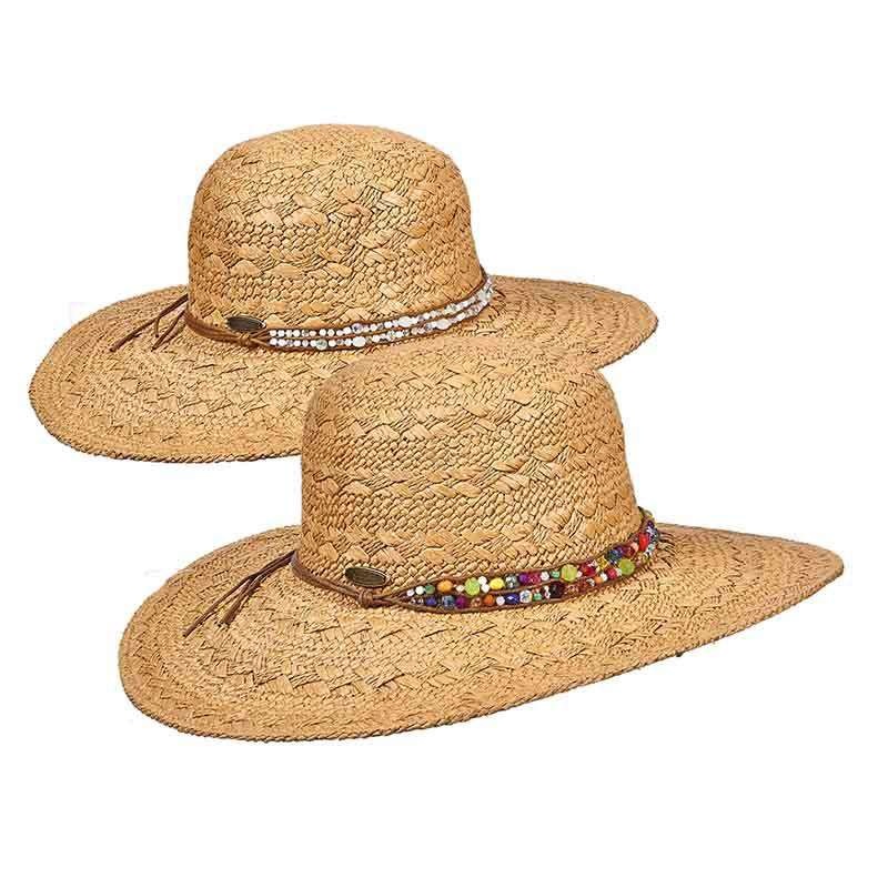 Straw Sun Hat with Beaded Leatherette Band -Cappelli Straworld White