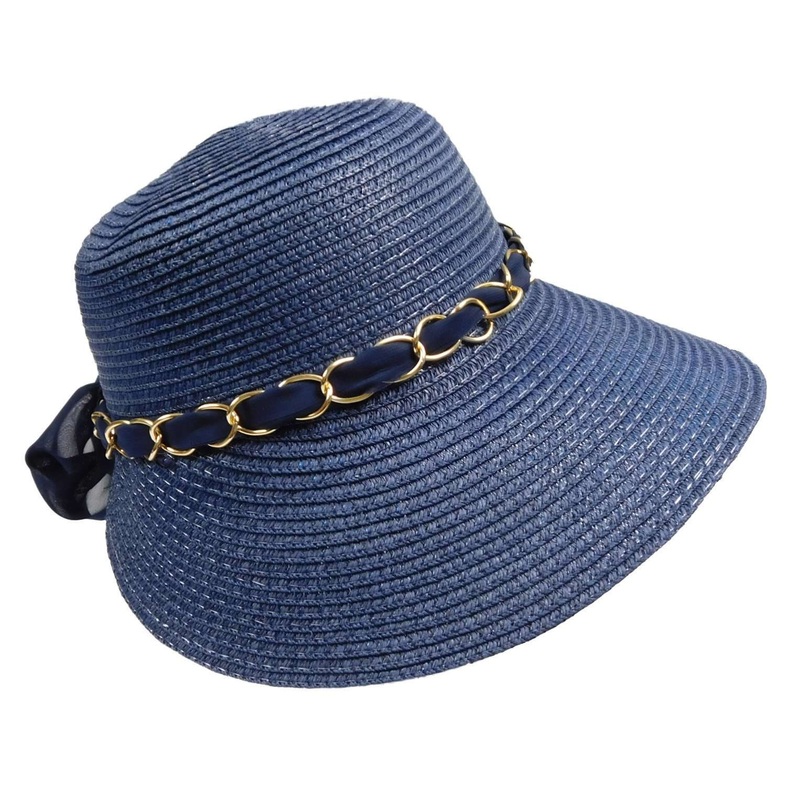Summer Cloche with Gold Chain Link Band and Scarf Navy Medium (57 cm)