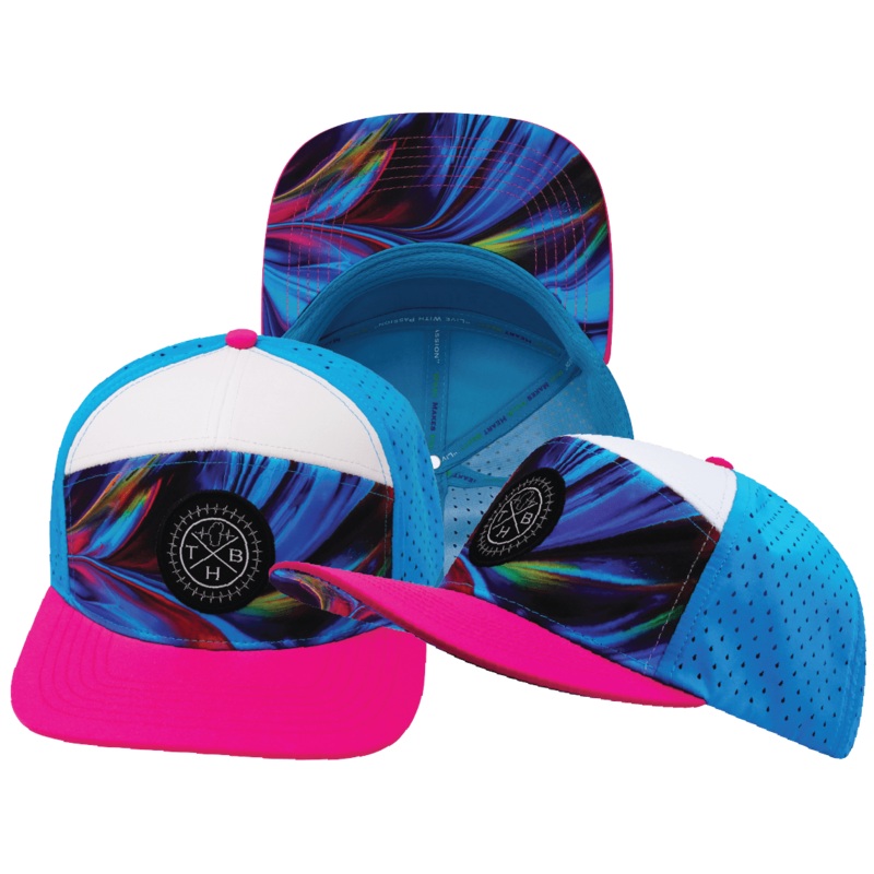 **YOUTH** Color Vibes Hat – Flat Bill – Feather Glow – Neon Pink / White / Neon Blue – Laser Mesh