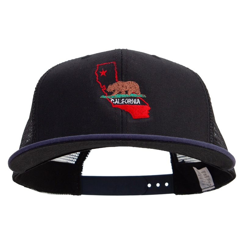California Bear with Map Embroidered Big Size Premium Flat Bill Trucker Cap Navy Black XL-3XL