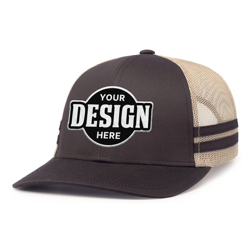Custom Embroidered Pacific Headwear P115 Low-Profile Stripe Trucker Cap – Flat Embroidery Brown/Khaki/Brown Flat Embroidery
