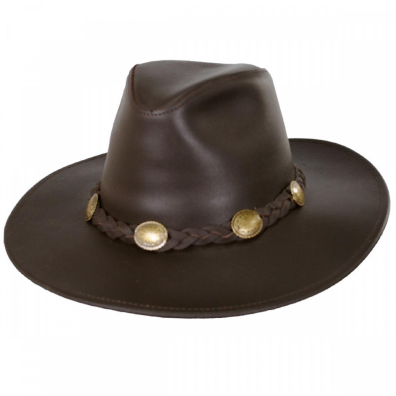 Dude Braid Conch Leather Outback Hat CHOCOLATE S
