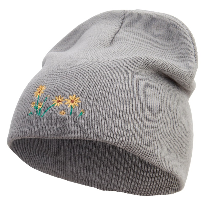 Forest Flowers Embroidered 8 inch Acrylic Short beanie Grey One Size