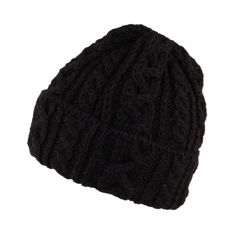 Highland 2000 Cuffed Cable Knit English Wool Beanie Hat – Black 1-Size
