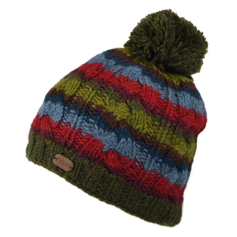 Kusan Striped Cable Knit Bobble Hat – Forest 1-Size
