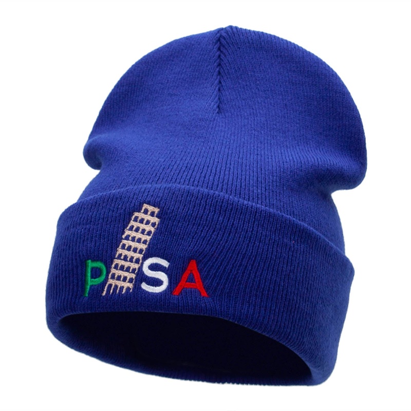 Pisa Embroidered 12 Inch Long Knitted Beanie Royal One Size