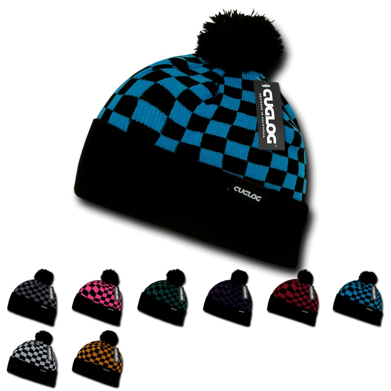 Changbai Checker Beanie, Plaid Knit Cap, Soft Cuff Beanie with Pom Pom – Cuglog K019 Grey/Black