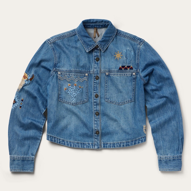 Embroidered Denim Button-Up Cropped Shirt Blue XS