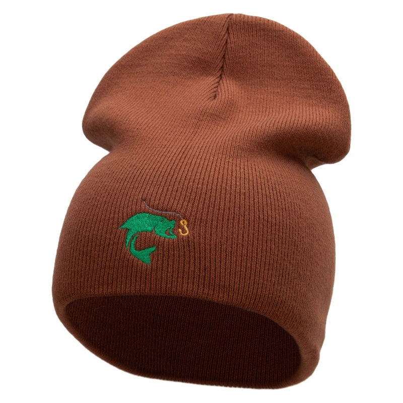 Hook Line Fish Embroidered 8 Inch Short Beanie Made in USA Coyote Brown One Size