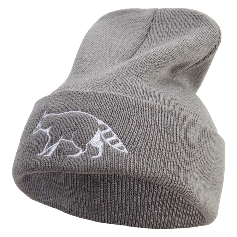 Racoon Embroidered 12 inch Acrylic Cuffed Long Beanie Grey One Size