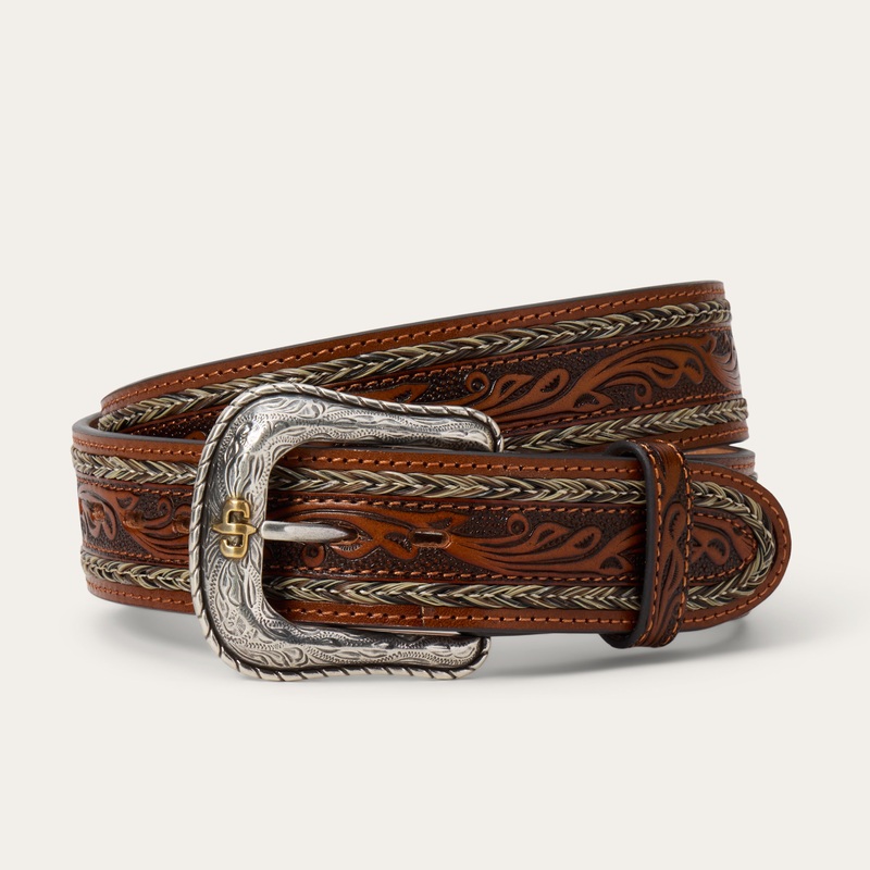 Tooled Horse Hair Braided Edge Belt Natural 32