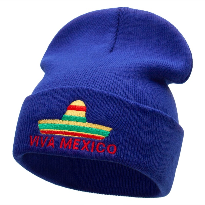 Viva Mexico Independence Embroidered 12 Inch Long Knitted Beanie Royal One Size