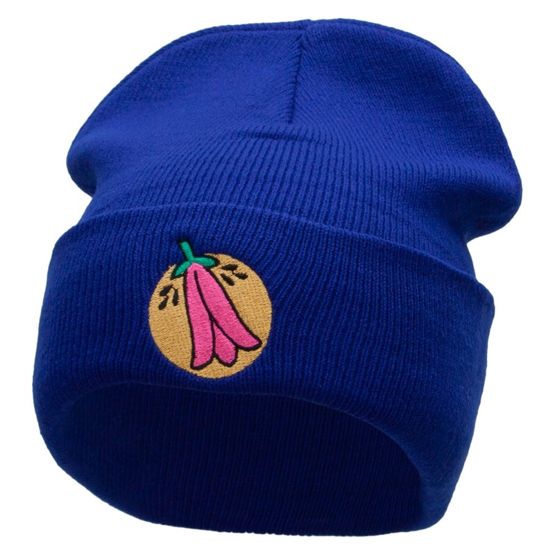 Chile Flower Embroidered 12 Inch Long Knitted Beanie Royal One Size
