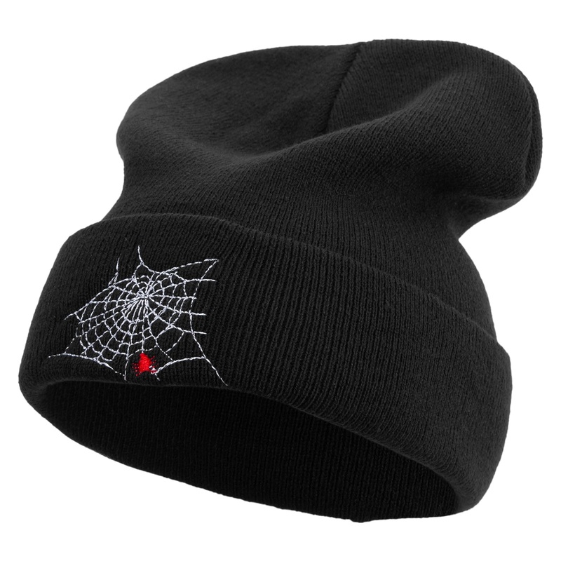Spider Web Embroidered Big Size Acrylic Long Beanie Black XL-3XL