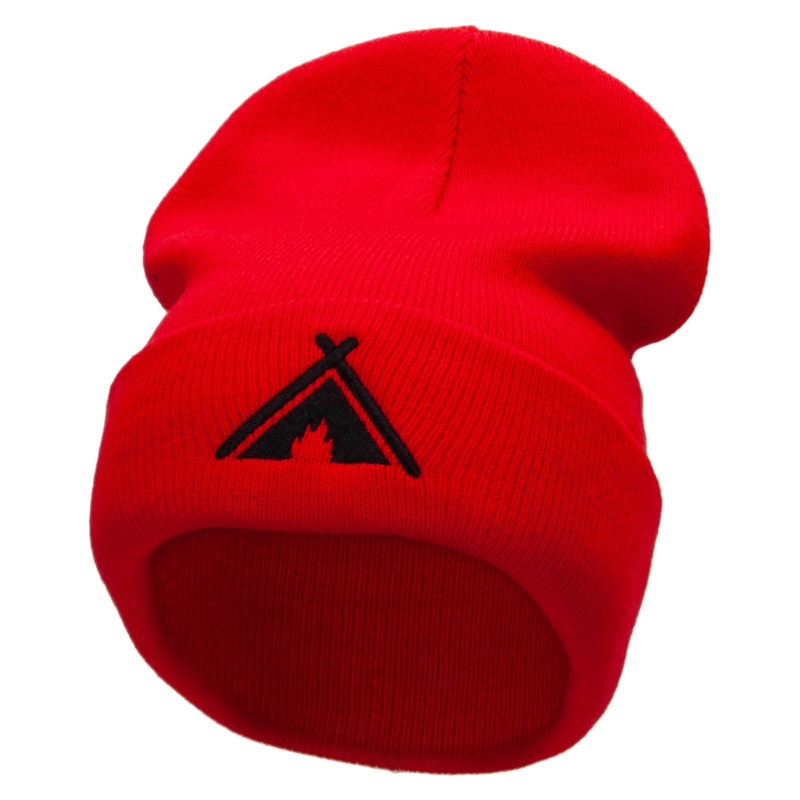 Tent Campfire Embroidered 12 Inch Long Knitted Beanie Red One Size