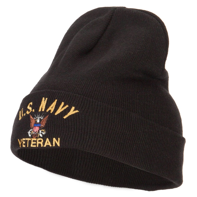 US Navy Veteran Embroidered Big Size Long Beanie Black XL-3XL