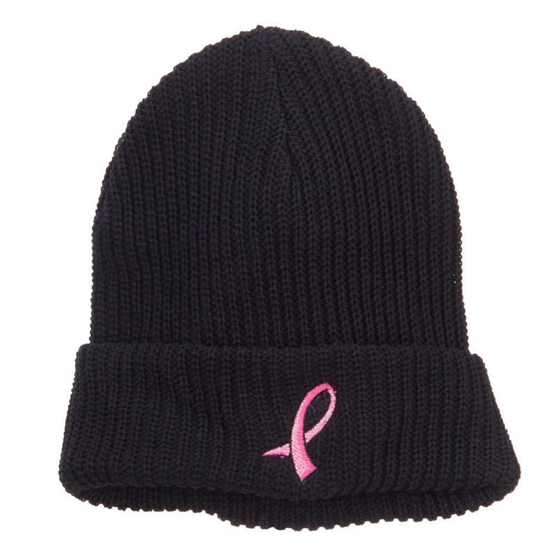 Breast Cancer Embroidered Big Size Waffle Beanie Black XL-3XL