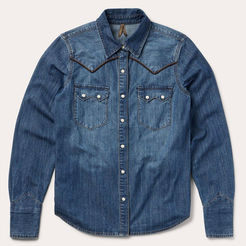 Piped Dark Denim Western Shirt Blue XS