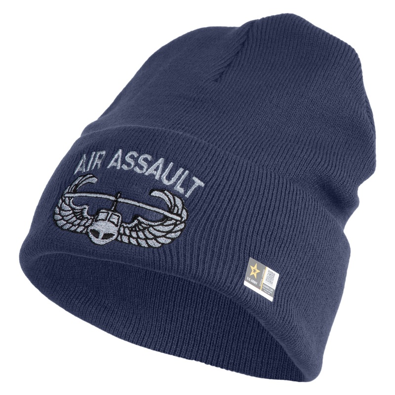 U.S. Army Air Assualt Badge Logo Embroidered 12 Inch Solid Knit Cuff Long Beanie Made in USA Navy One Size