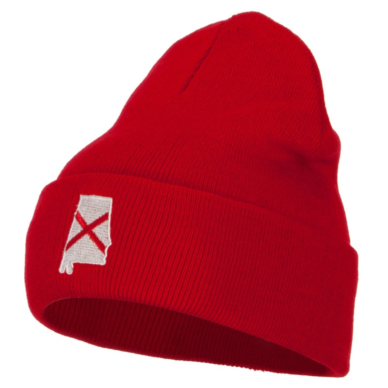 Alabama Flag Map Embroidered Long Beanie Red One Size