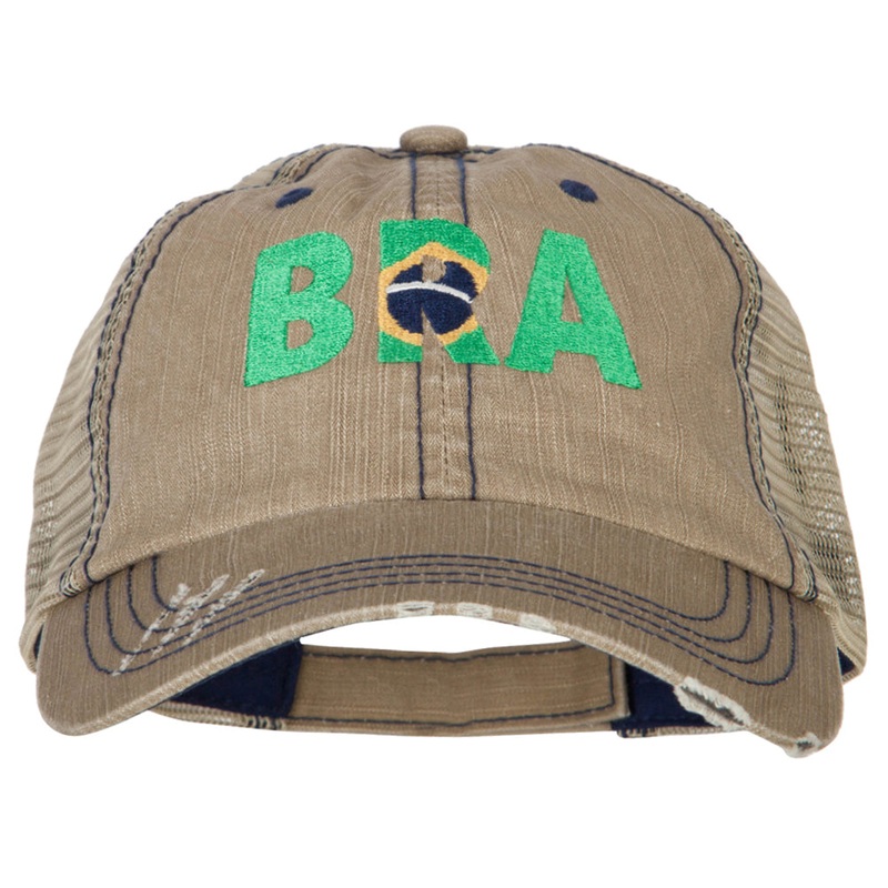 Brazil BRA Flag Embroidered Low Profile Cotton Mesh Cap Khaki One Size