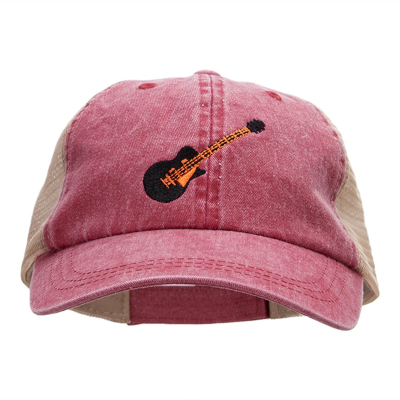 Electric Guitar Embroidered Washed Trucker Cap Red Tan One Size