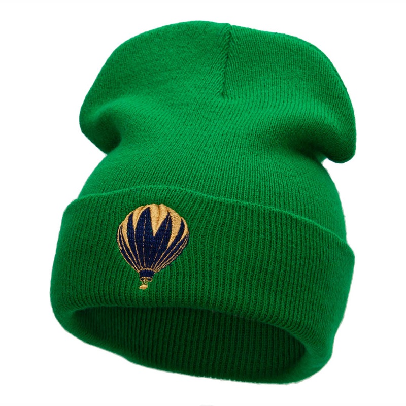 Hot Air Balloon Trip Embroidered 12 Inch Solid Long Beanie Made in USA Kelly Green One Size