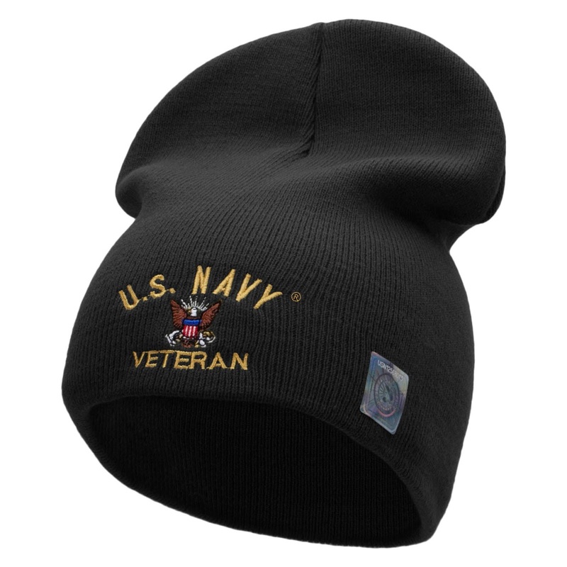 US Navy Veteran Military Embroidered Short Beanie Made in USA Black One Size