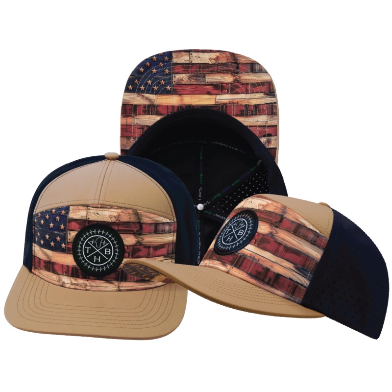 **YOUTH** Color Vibes Hat – Flat Bill – Stained Flag – Light Tan / Navy – Laser Mesh