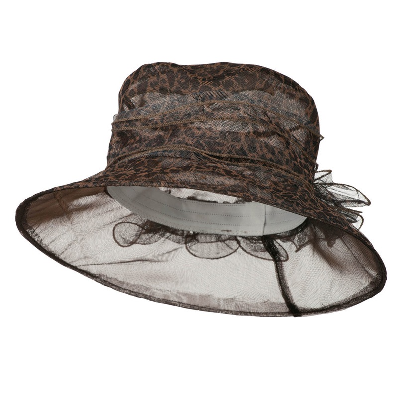 Leopard Print Ruffle Flower Organza Hat Grey One Size