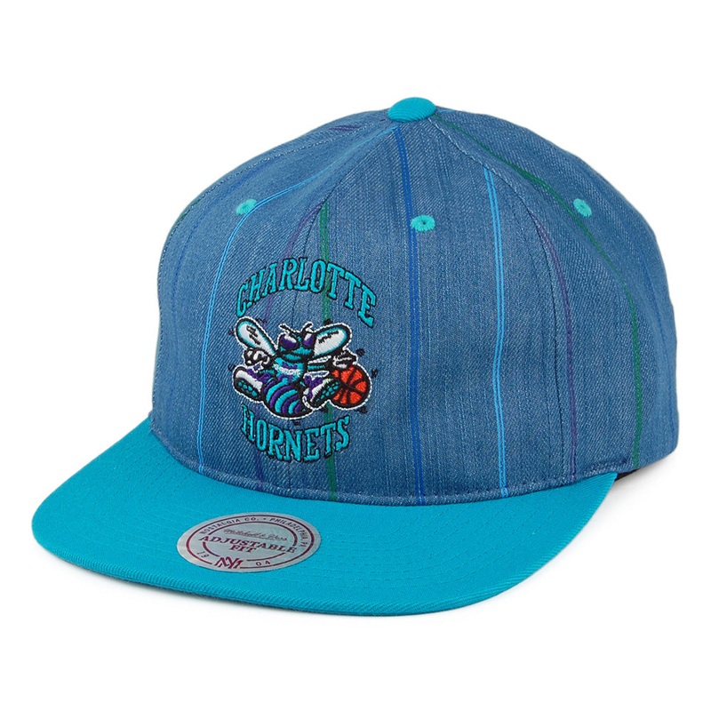 Mitchell & Ness Charlotte Hornets Snapback Cap – Denim Pinstripe – Teal Adjustable