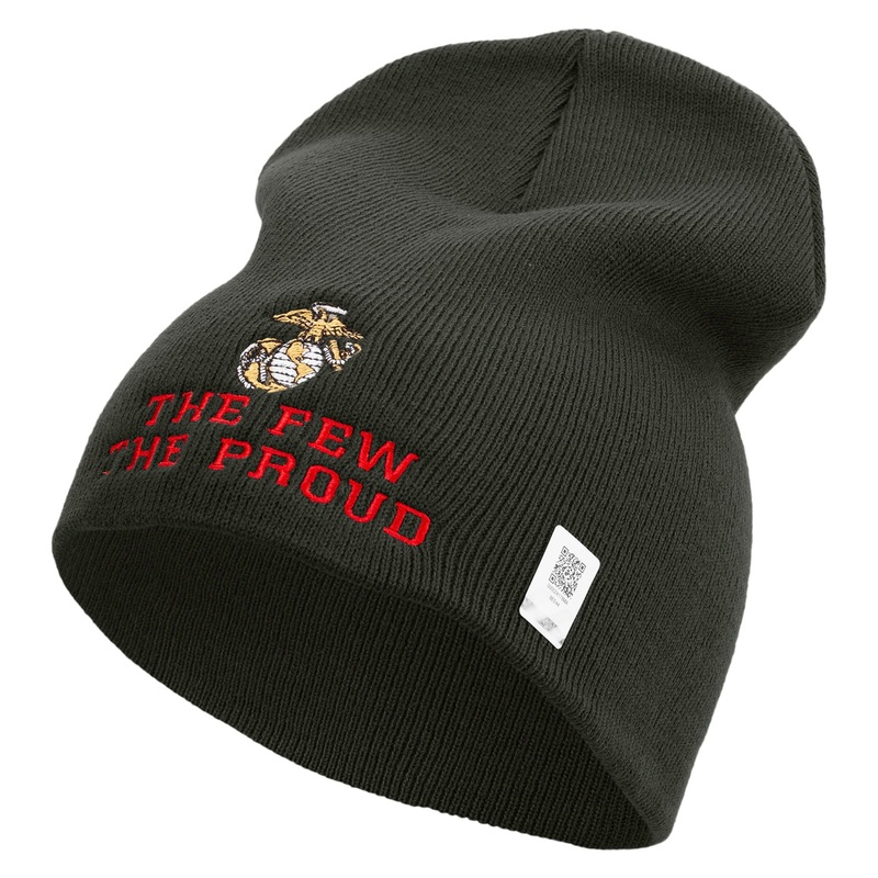 The Few The Proud US Marine Symbol Embroidered 8 Inch Solid Knit Short Beanie Made in USA Graphite One Size