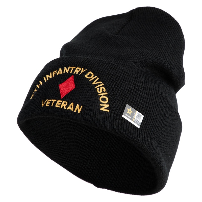 U.S. Army 5th Infantry Division Logo Embroidered 12 Inch Solid Knit Cuff Long Beanie Made in USA Black One Size